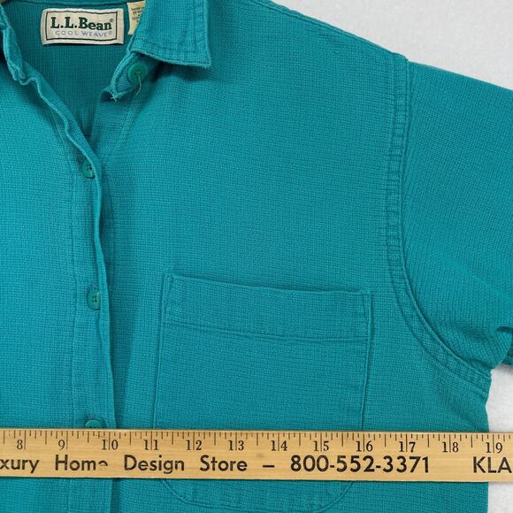 LL BEAN Top Womens S Cool Weave Short Sleeve Button Up Woven Green USA Vintage - Picture 10 of 12